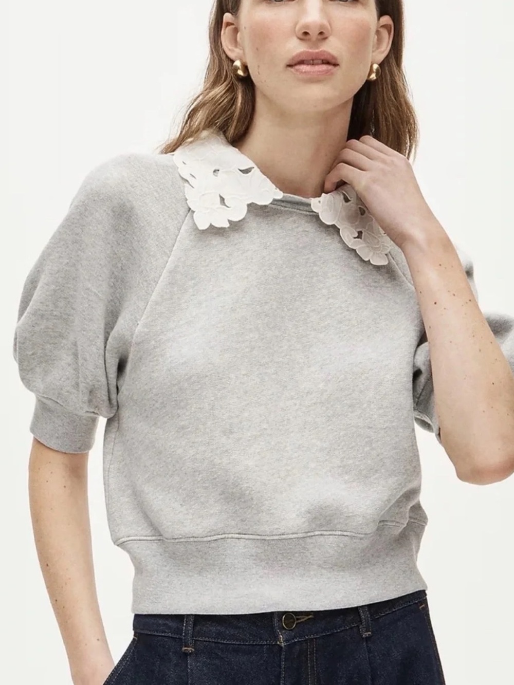 J. Crew Light Gray Puff-Sleeve Sweatshirt with White Floral Collar - Picture 3 of 16